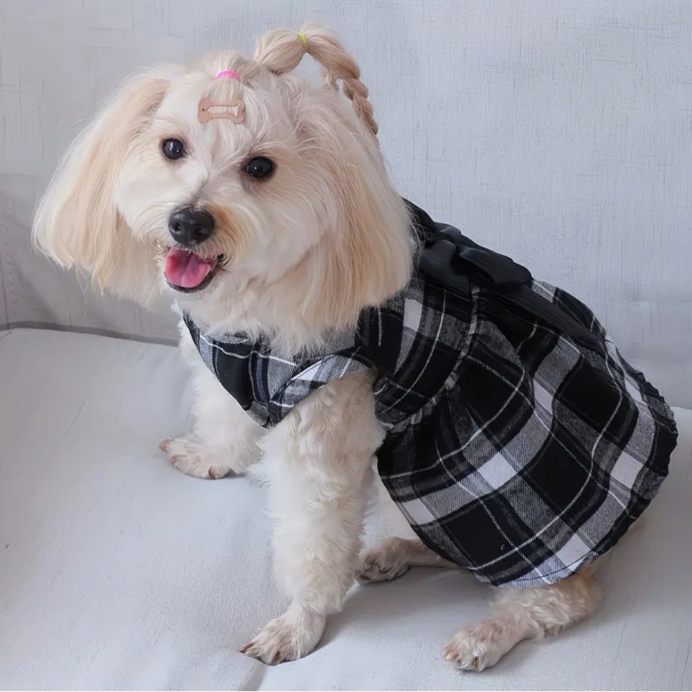 Plaid Black and White Dog Dress with Bow - Picture 3 of 6